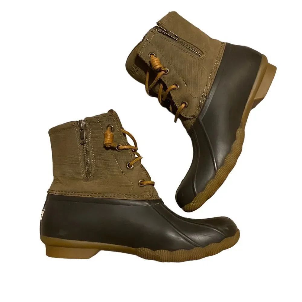 Sperry Wm’s Sz 7.5 Olive Brown Saltwater Ankle Zip Rain Duck Boots STS99729